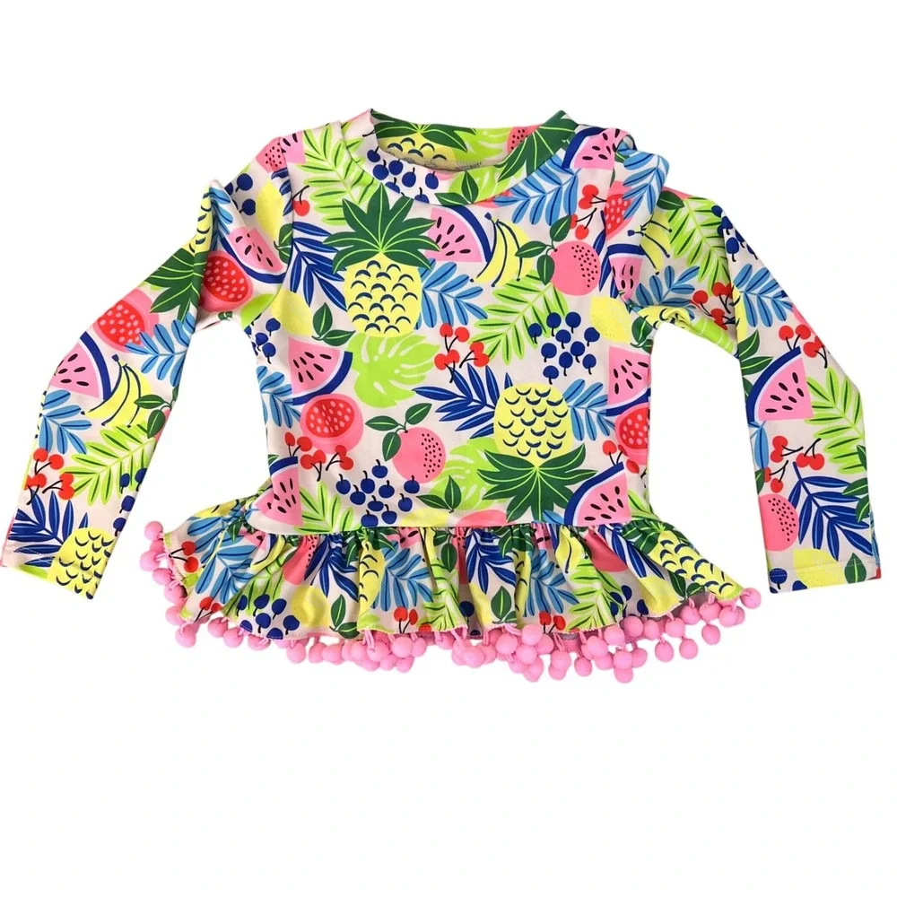 Nicole‎ Miller New York Girls Tropical Fruit Rash Guard Peplum Pom Pom Swim Top